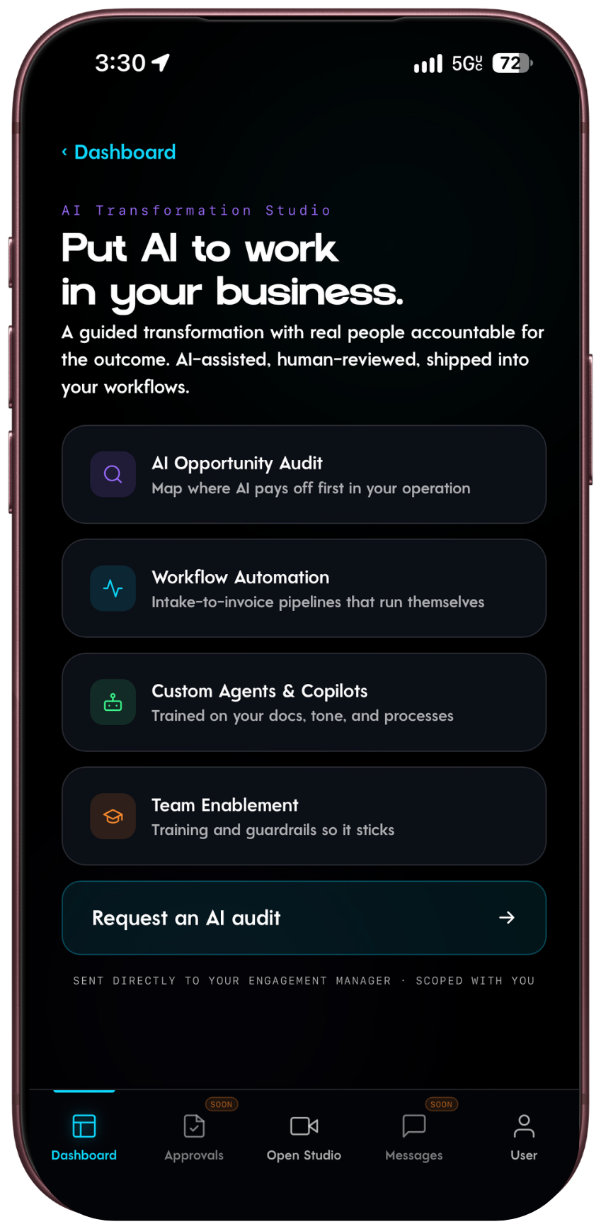 TreyTech app: AI Transformation Studio with opportunity audit, workflow automation, custom agents and team enablement