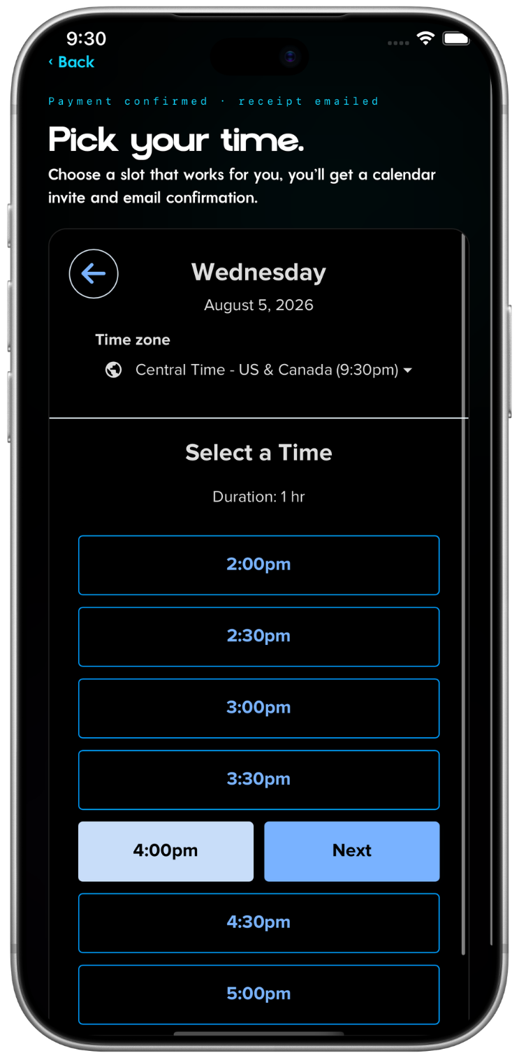 TreyTech app: Pick your time, payment confirmed and receipt emailed, with available consult slots in your time zone